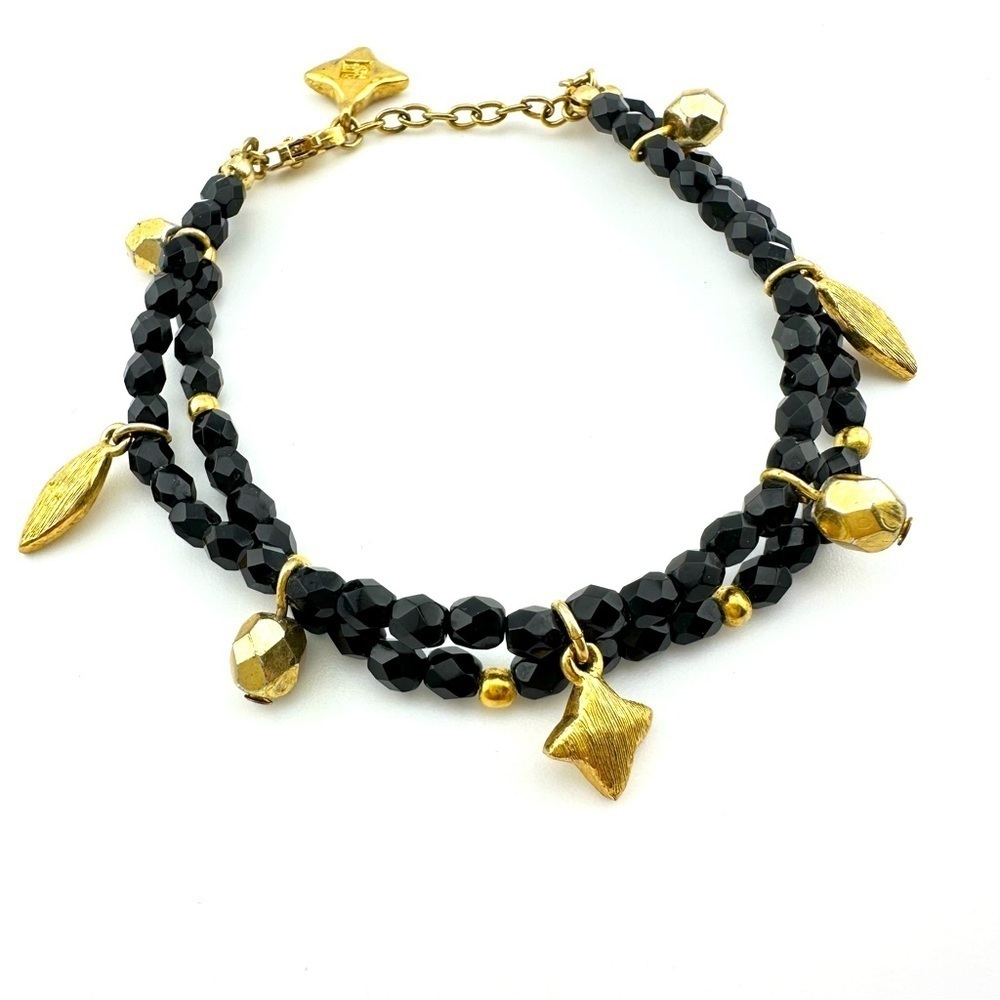 Vintage Givenchy Charm Bracelet Gold Tone Black Crystal Beaded